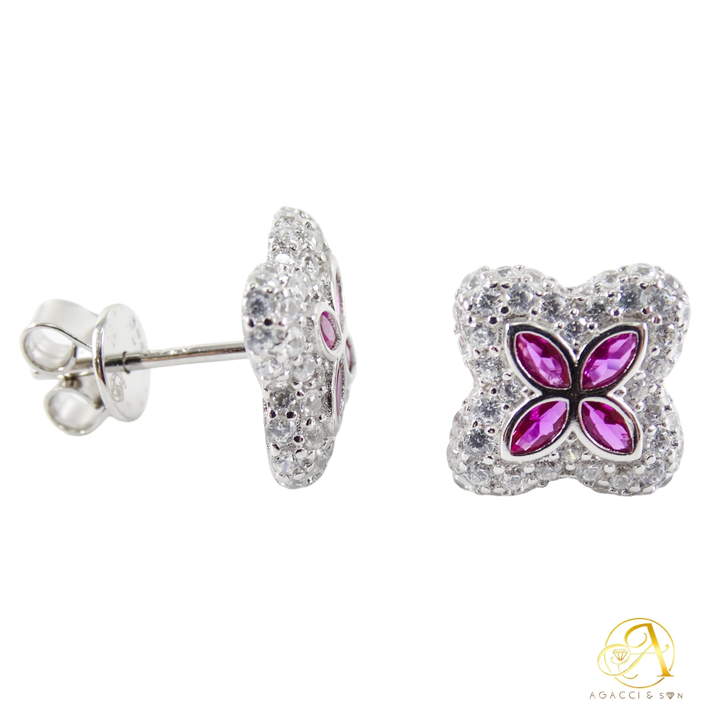 10MM Silver Earrings – Floral Design with Colored Center Eye Stones