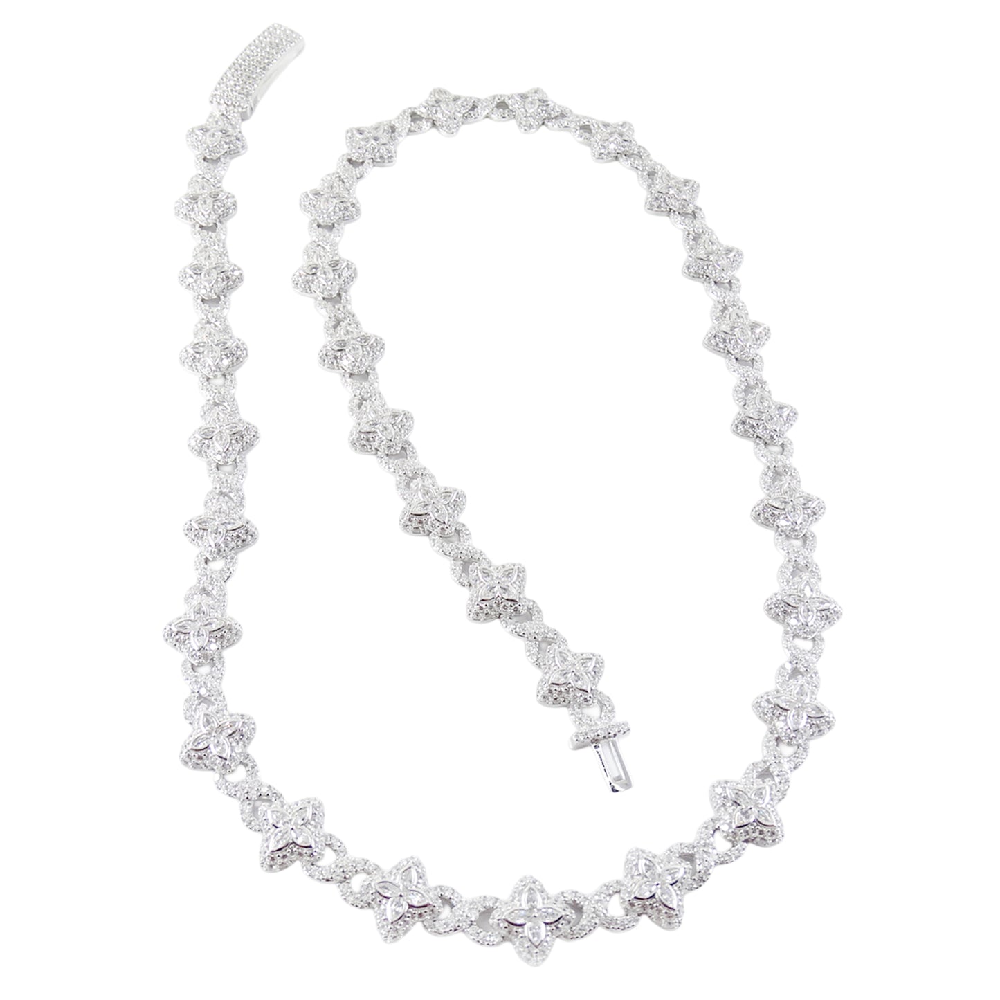 12MM Silver Necklace White Stones, Floral-Inspired Design