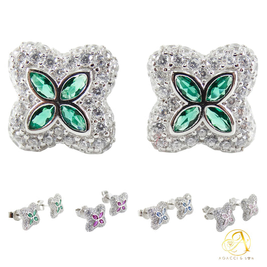 10MM Silver Earrings – Floral Design with Colored Center Eye Stones