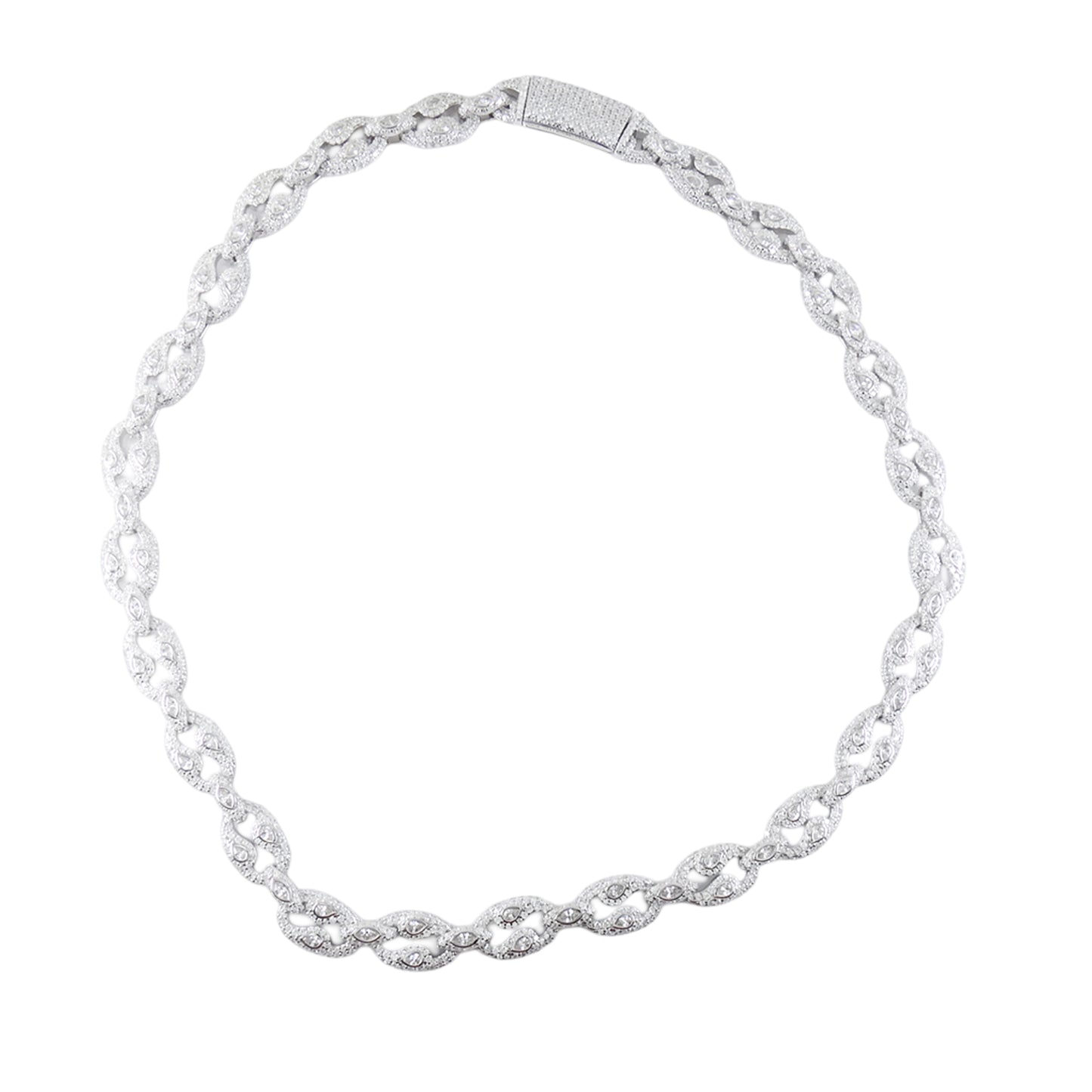 10MM Silver Necklace White Stones, Elegant Twist-Link Design