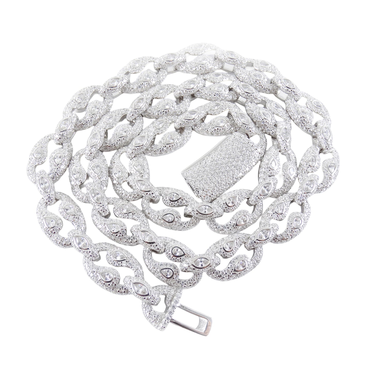 10MM Silver Necklace White Stones, Elegant Twist-Link Design