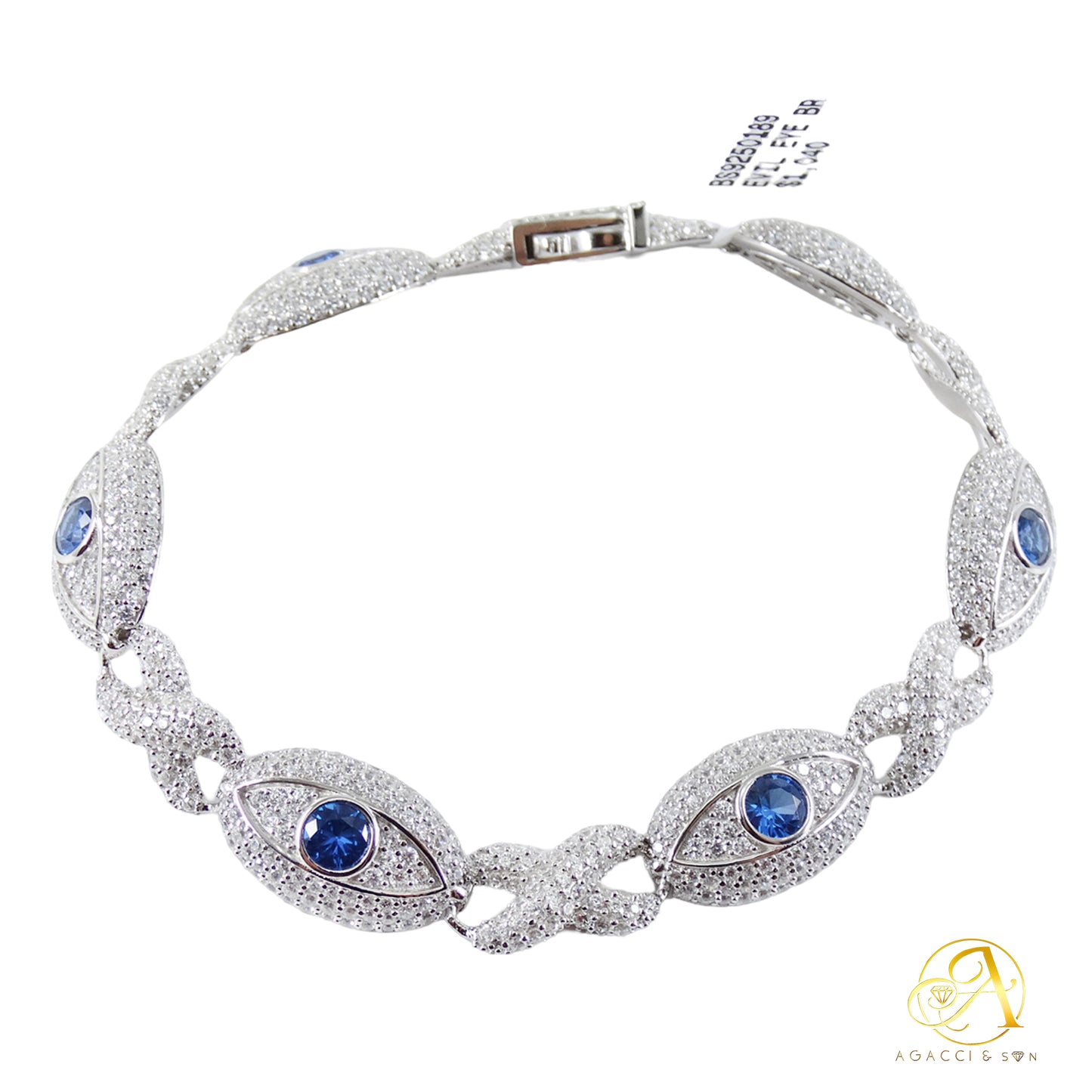 11MM Silver Bracelet Evil Eye Design with Blue, Green & Red Stones