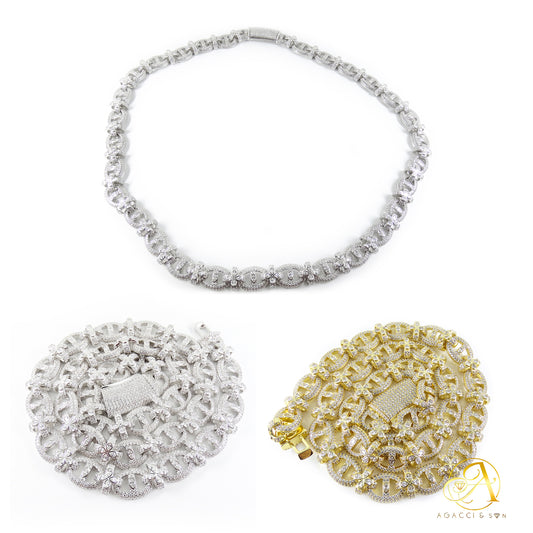 12MM Gold & Silver CZ Necklace – White A5 Stones, Floral-Inspired Design