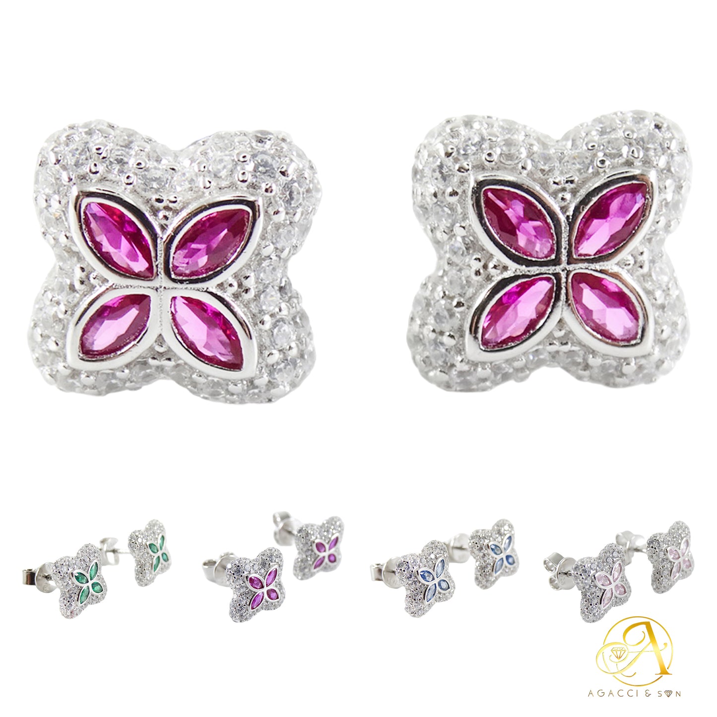 12MM Silver Earrings – Floral Design with Colored Center Eye Stones