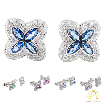 14MM Silver Earrings – Floral Design with Colored Center Eye Stones