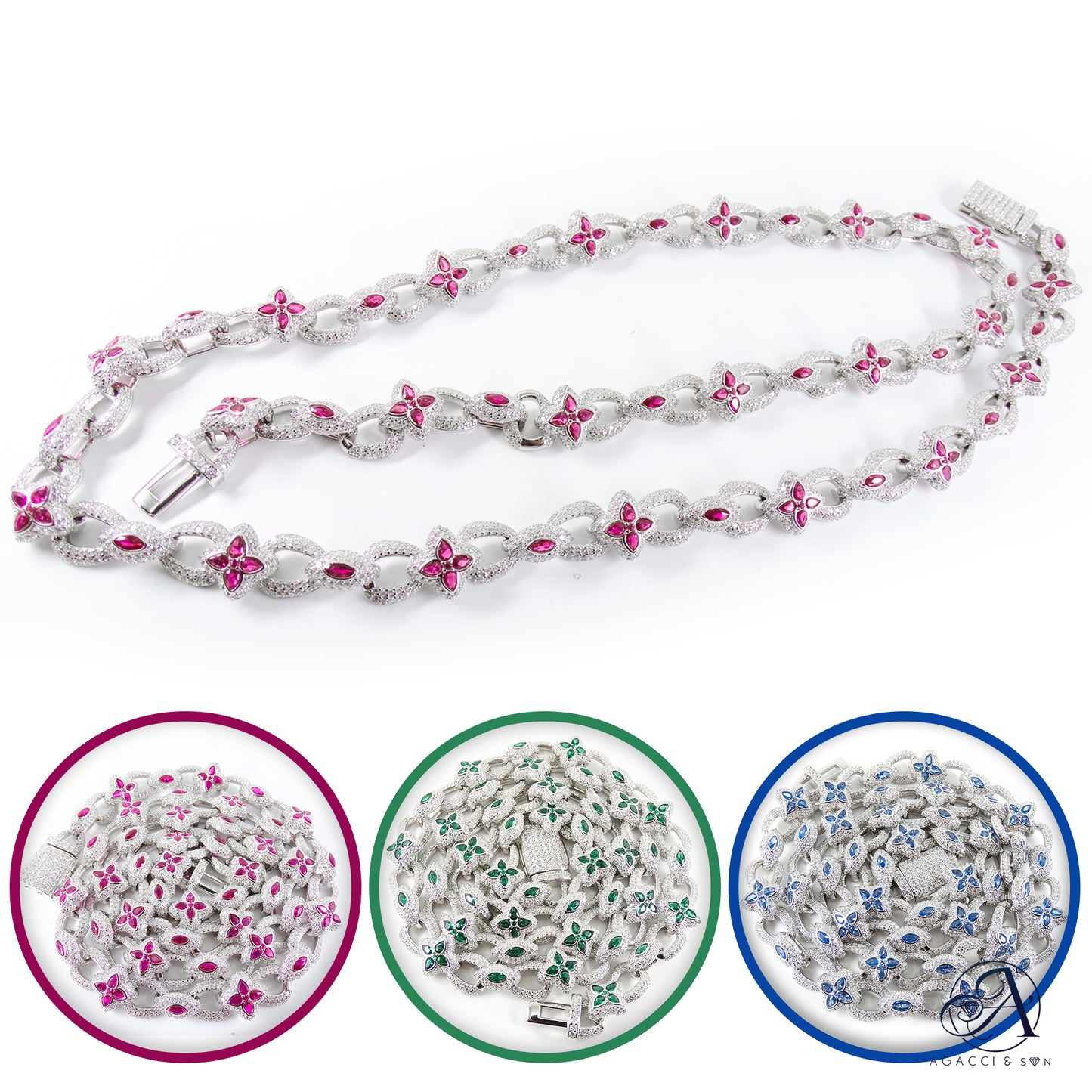 24-Inch .925 Sterling Silver Chain Necklace – Red, Green, or Blue 5A Gemstones