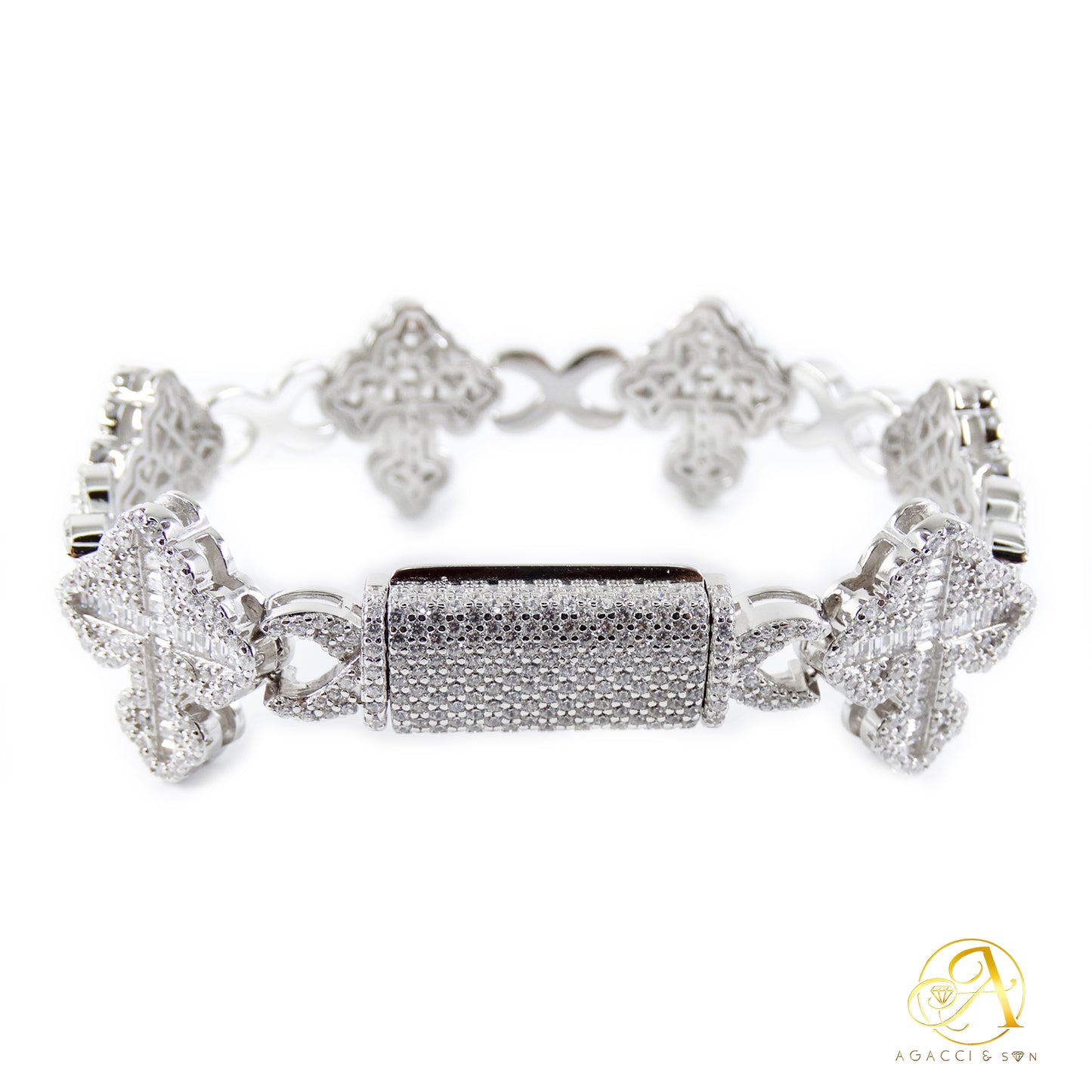 8.5-Inch Sterling Silver Bracelet with White Stones and Holy Cross Design