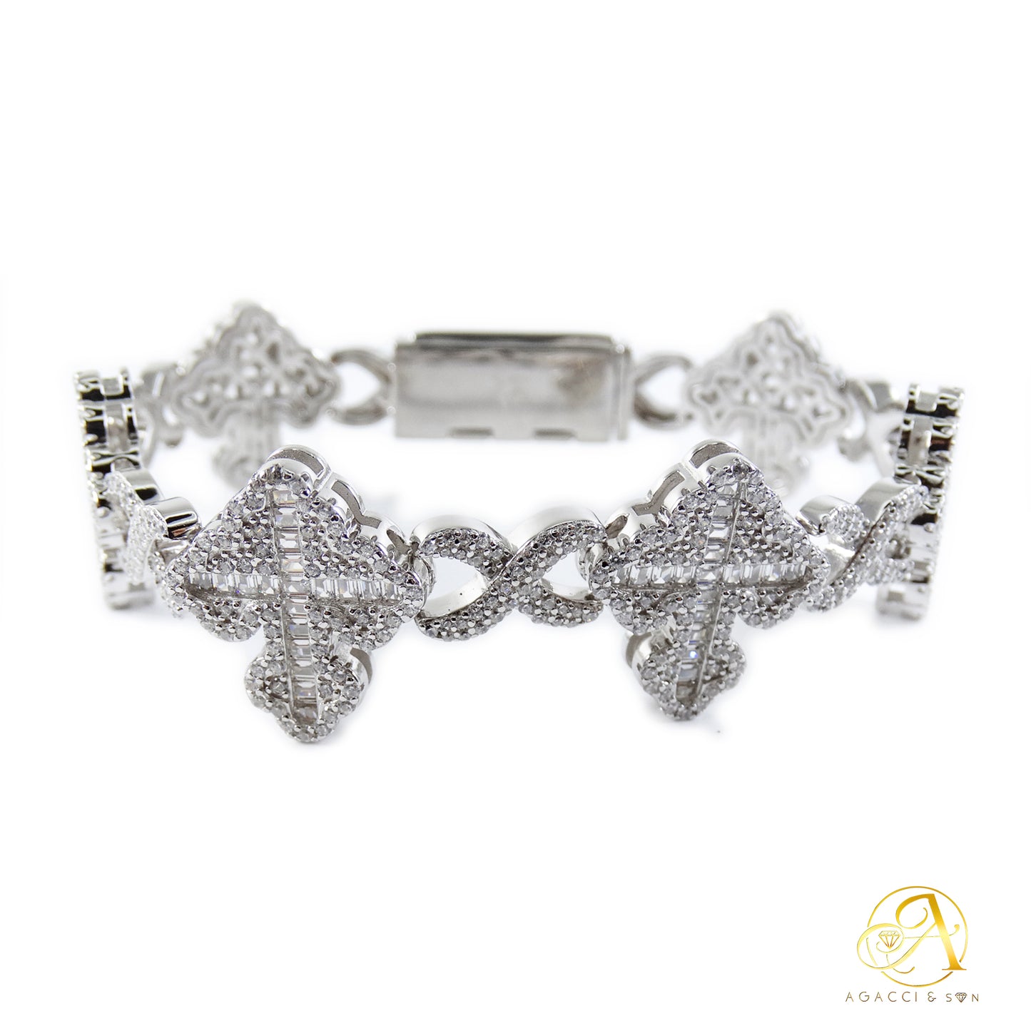 8.5-Inch Sterling Silver Bracelet with White Stones and Holy Cross Design