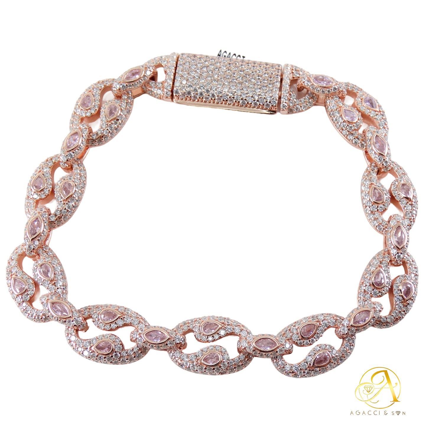 8 Inch-Gold, Rose Gold and Rhodium-Plated .925 Sterling Silver Bracelet with Stones