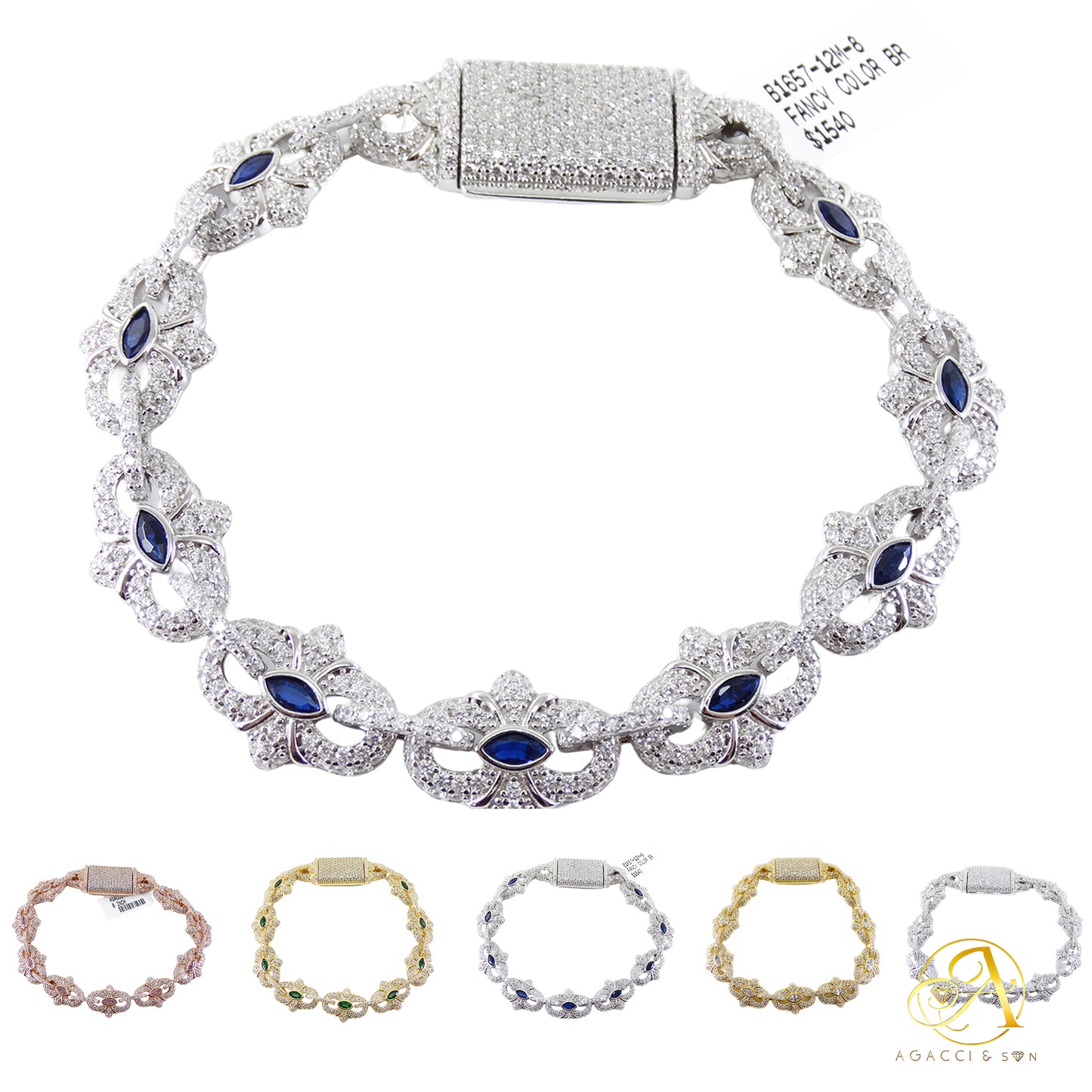 8-Inch Sterling Silver Bracelet with Stones – Rhodium, Gold and Rose Gold Plated, 38.4g