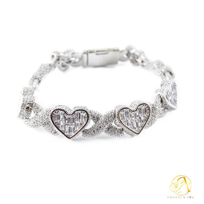 12MM 7.5-Inch Sterling Silver Heart Bracelet with White A5 Stones – Rhodium Plated, 33.78g