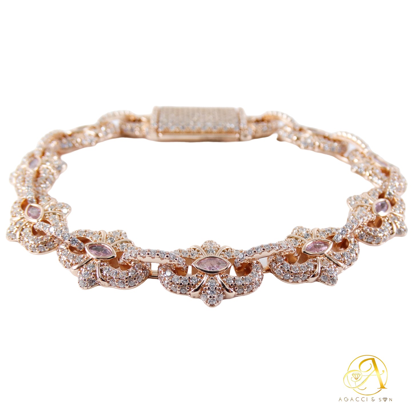 8-Inch Sterling Silver Bracelet with Stones – Rhodium, Gold and Rose Gold Plated, 38.4g