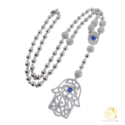 20-Inch Silver Necklace – Hamsa Hand & Evil Eye Design, White Stones