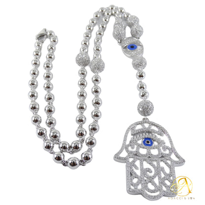 20-Inch Silver Necklace – Hamsa Hand & Evil Eye Design, White Stones