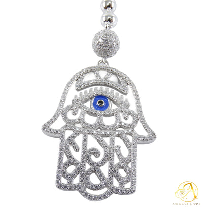 20-Inch Silver Necklace – Hamsa Hand & Evil Eye Design, White Stones