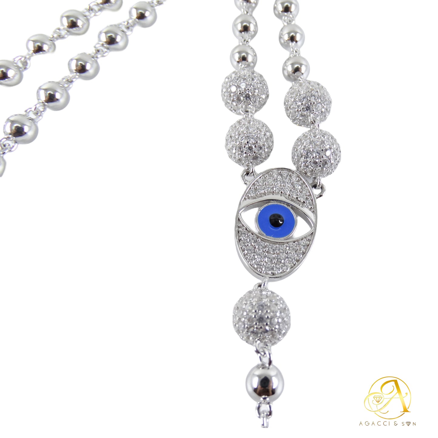 20-Inch Silver Necklace – Hamsa Hand & Evil Eye Design, White Stones