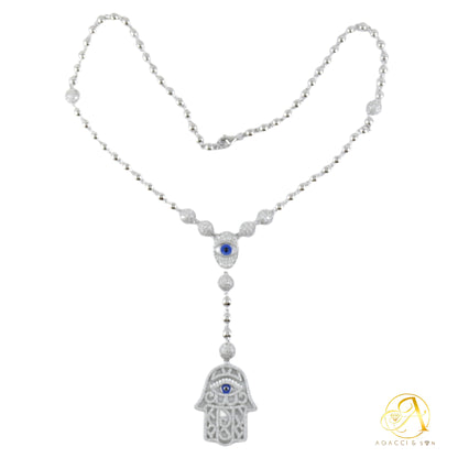 20-Inch Silver Necklace – Hamsa Hand & Evil Eye Design, White Stones