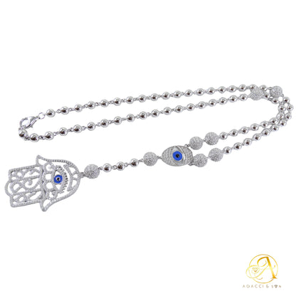 20-Inch Silver Necklace – Hamsa Hand & Evil Eye Design, White Stones