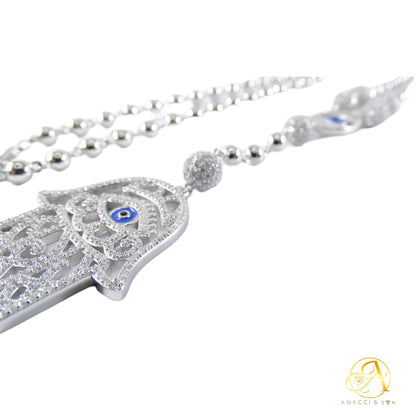 20-Inch Silver Necklace – Hamsa Hand & Evil Eye Design, White Stones