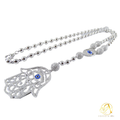 20-Inch Silver Necklace – Hamsa Hand & Evil Eye Design, White Stones