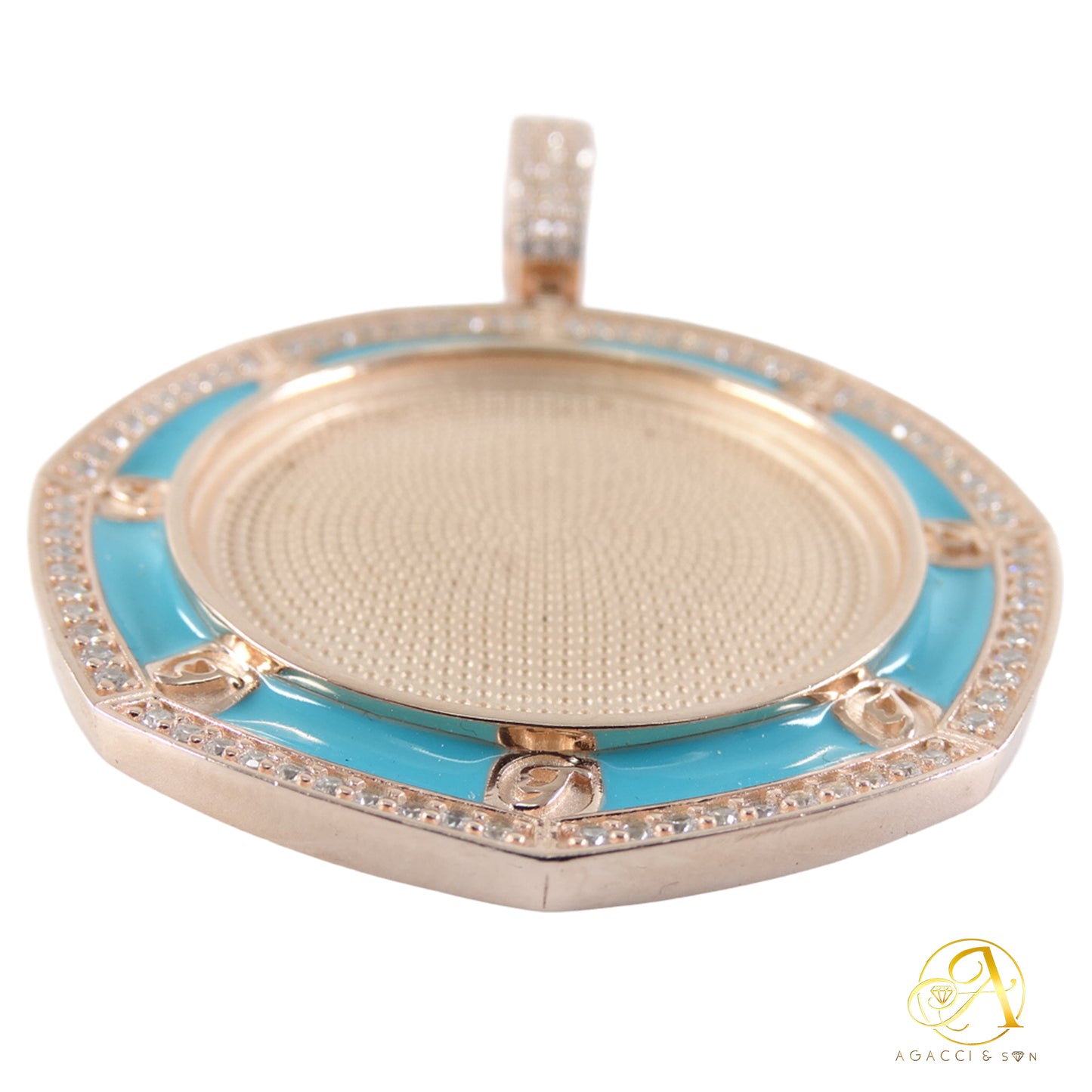 2-Inch Gold CZ Pendant – Blue Enamel & White Stones, Luxury Medallion Design