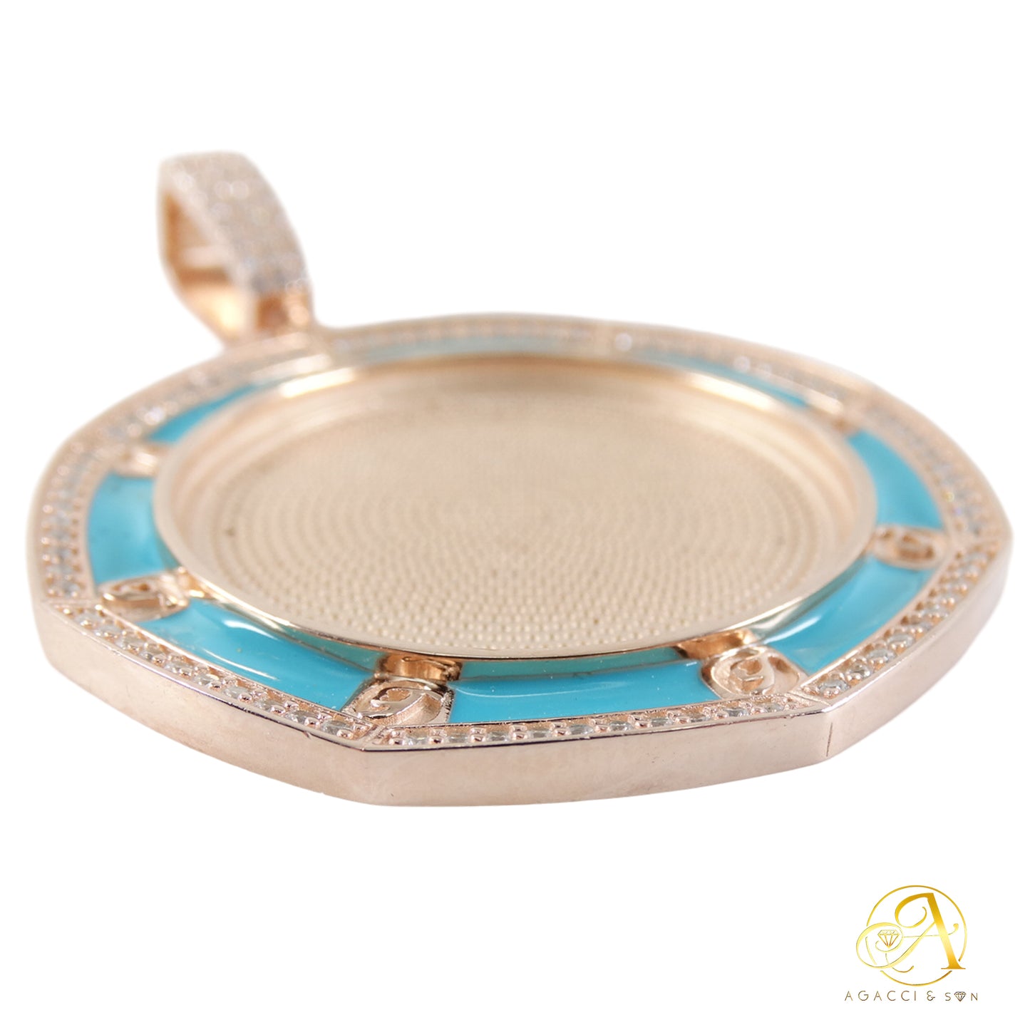 2-Inch Gold CZ Pendant – Blue Enamel & White Stones, Luxury Medallion Design