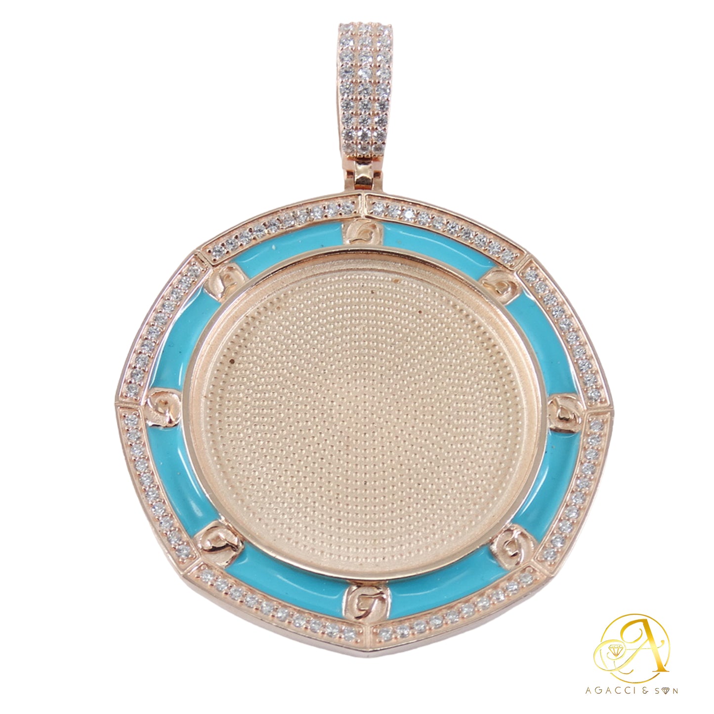 2-Inch Gold CZ Pendant – Blue Enamel & White Stones, Luxury Medallion Design