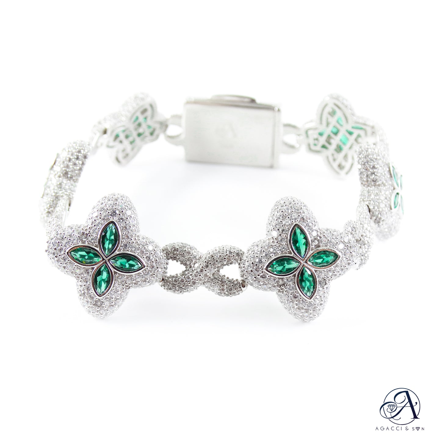 Elegant .925 Sterling Silver Floral Bracelet with Red, Green, Blue 5A Stones