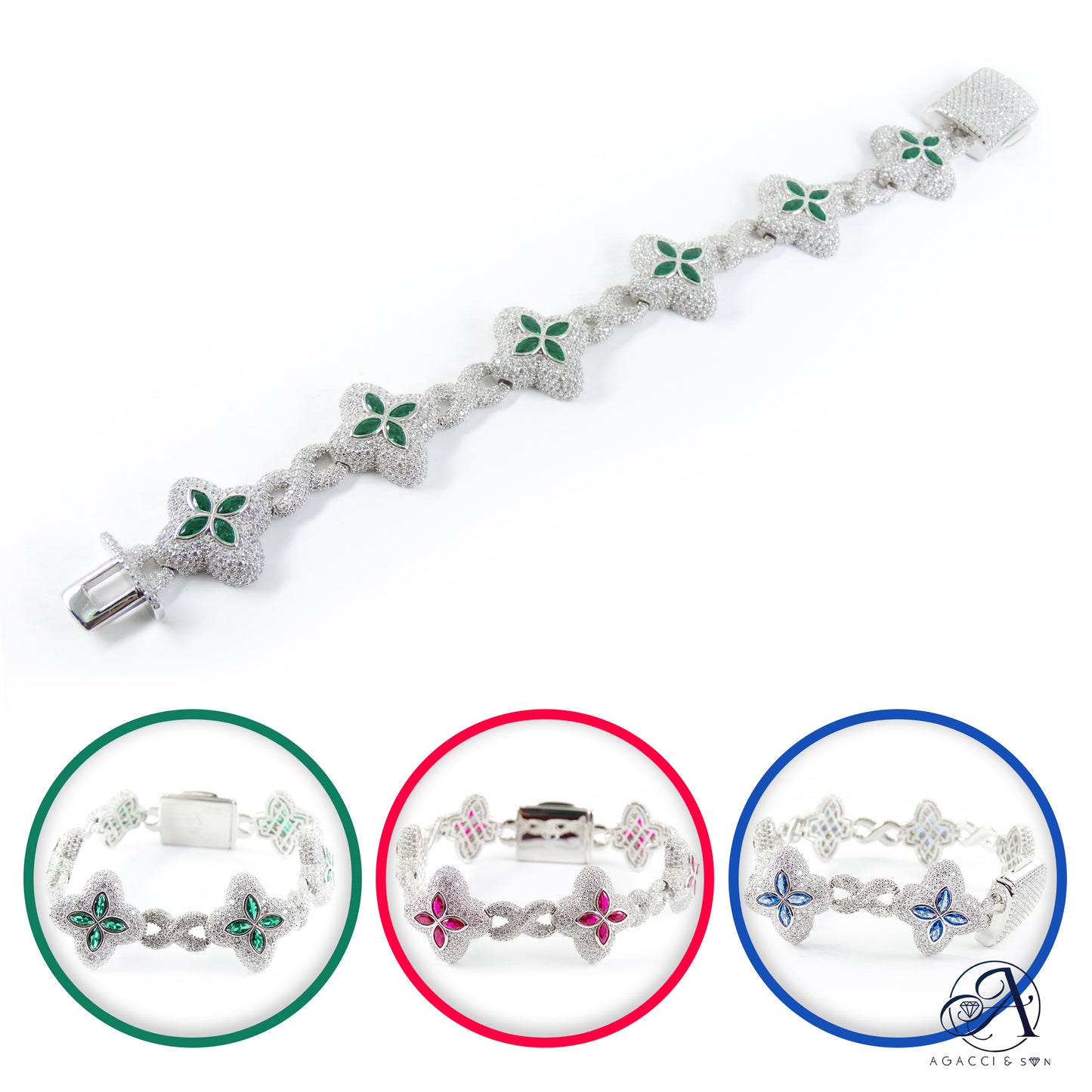 Elegant .925 Sterling Silver Floral Bracelet with Red, Green, Blue 5A Stones