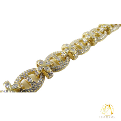 Flower Chain Design .925 Sterling Silver Bracelet with Stones – Gold, Rhodium, and Rose Gold Plated