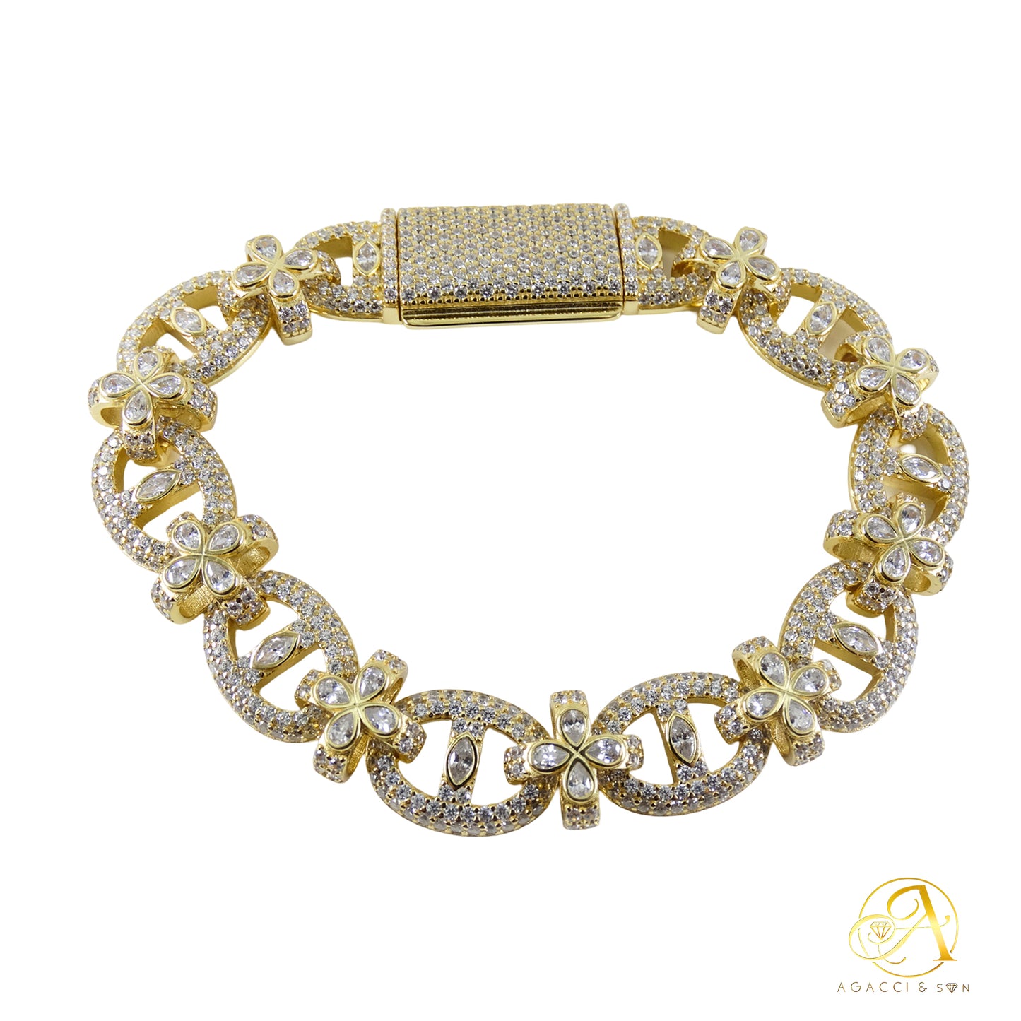 Flower Chain Design .925 Sterling Silver Bracelet with Stones – Gold, Rhodium, and Rose Gold Plated