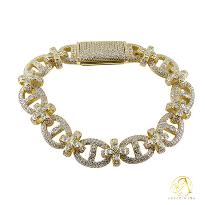 Flower Chain Design .925 Sterling Silver Bracelet with Stones – Gold, Rhodium, and Rose Gold Plated