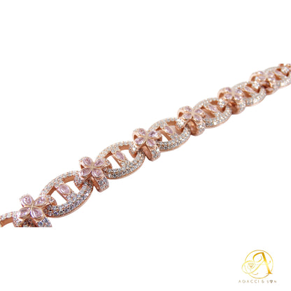 Flower Chain Design .925 Sterling Silver Bracelet with Stones – Gold, Rhodium, and Rose Gold Plated