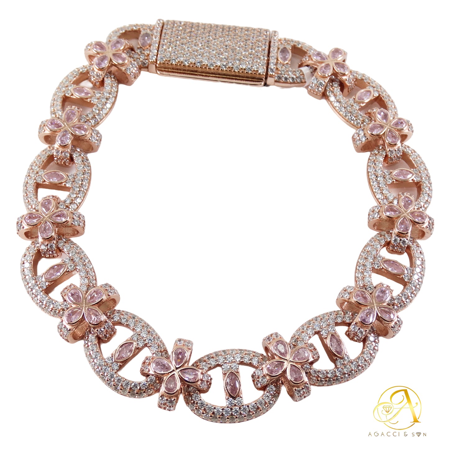 Flower Chain Design .925 Sterling Silver Bracelet with Stones – Gold, Rhodium, and Rose Gold Plated