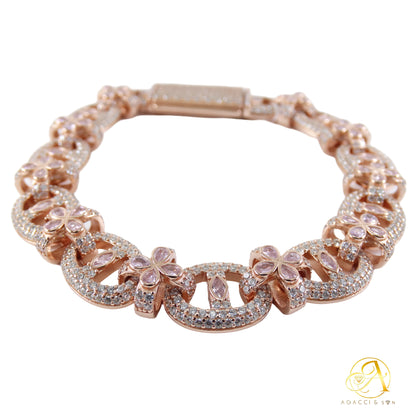 Flower Chain Design .925 Sterling Silver Bracelet with Stones – Gold, Rhodium, and Rose Gold Plated