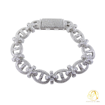 Flower Chain Design .925 Sterling Silver Bracelet with Stones – Gold, Rhodium, and Rose Gold Plated