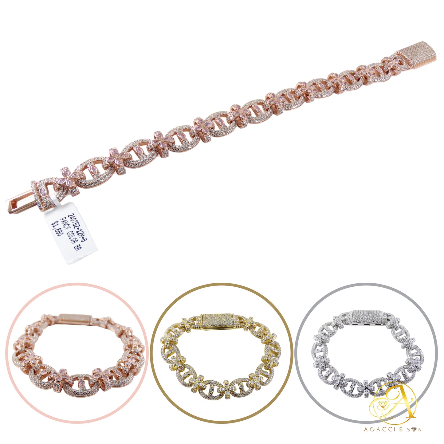 Flower Chain Design .925 Sterling Silver Bracelet with Stones – Gold, Rhodium, and Rose Gold Plated