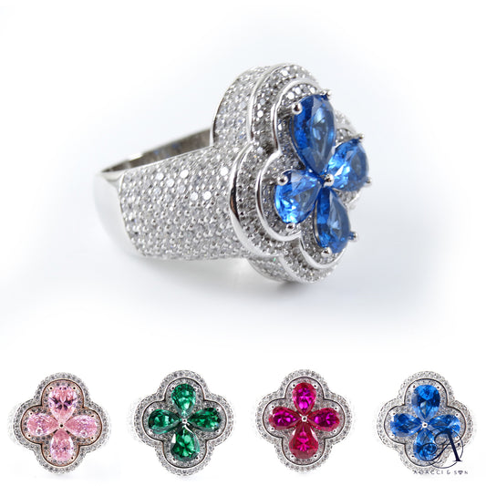 Luxury Clover Ring in .925 Sterling Silver - Blue, Green, Red, Pink 5A Stone