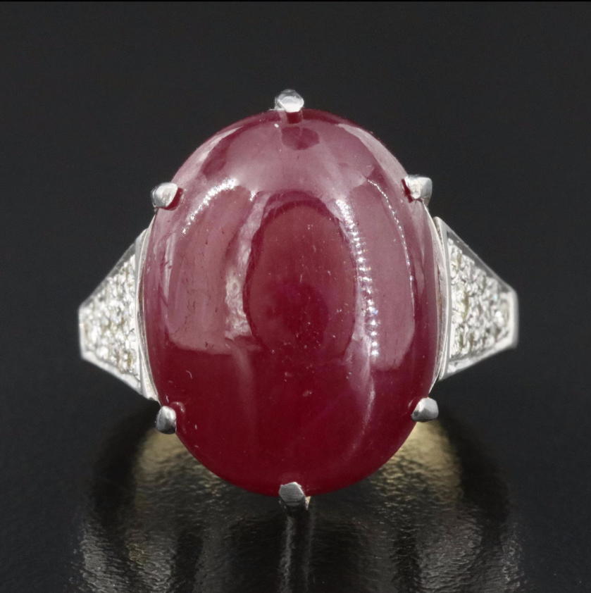 Fine 25.70 CTs natural double cabochon unheated African ruby diamond ring 18k gold