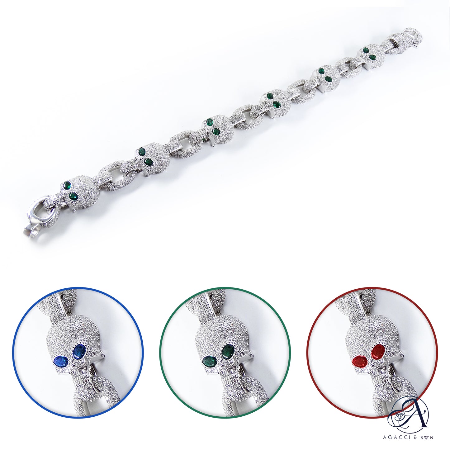 8.5-Inch .925 Sterling Silver 5A Stones Bracelet – Red, Green, or Blue