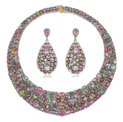 Fine 220.5 CT Cabochon Pink and Green Tourmaline & Diamond Necklace Earring Set