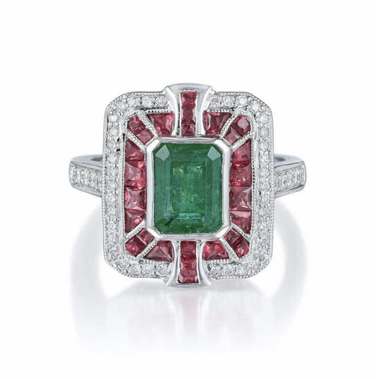 Orianne Platinum 2.81 CT Natural Emerald Ruby And Diamond Ring