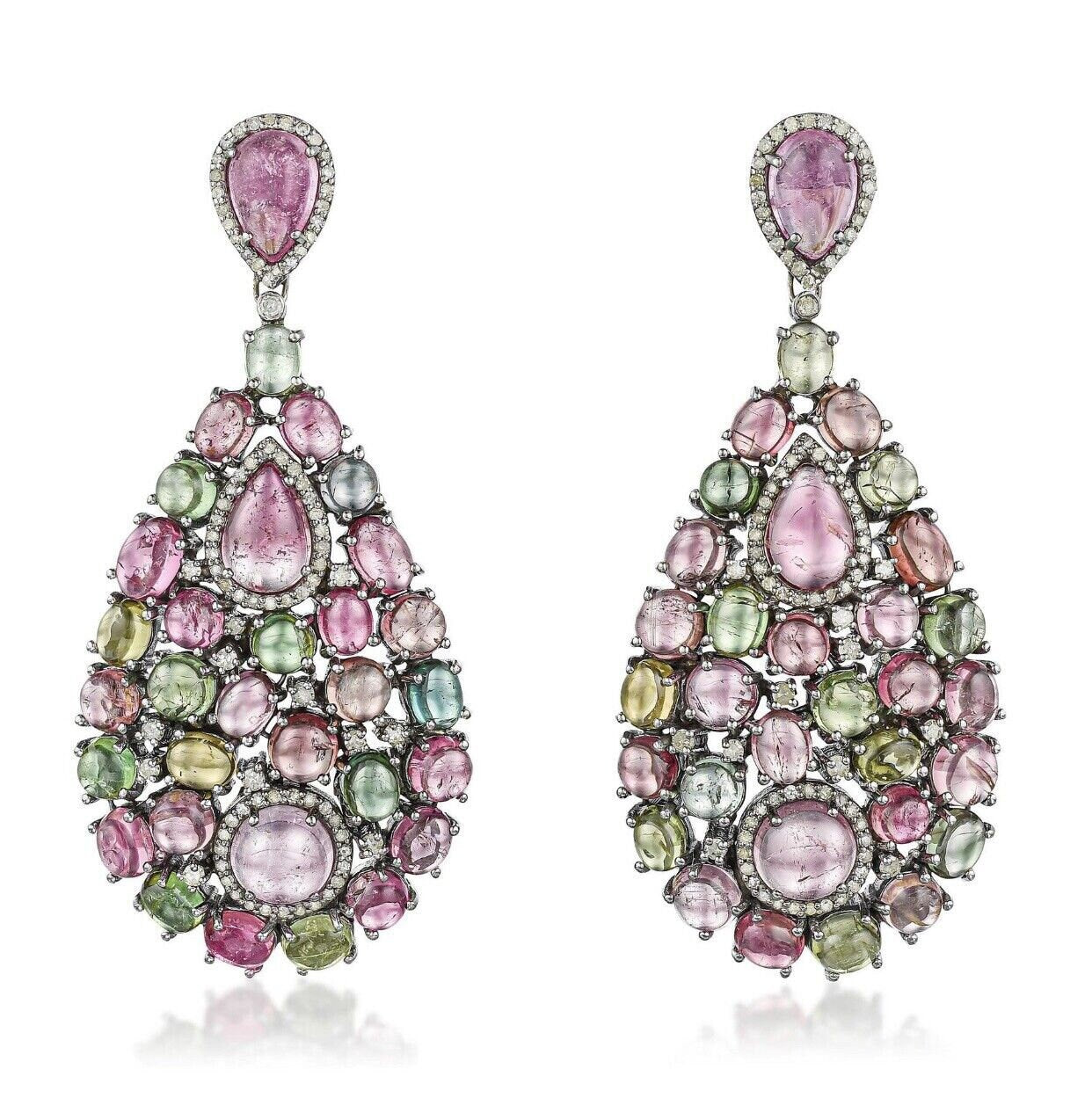 Fine 220.5 CT Cabochon Pink and Green Tourmaline & Diamond Necklace Earring Set