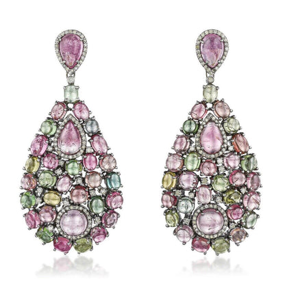 Fine 220.5 CT Cabochon Pink and Green Tourmaline & Diamond Necklace Earring Set