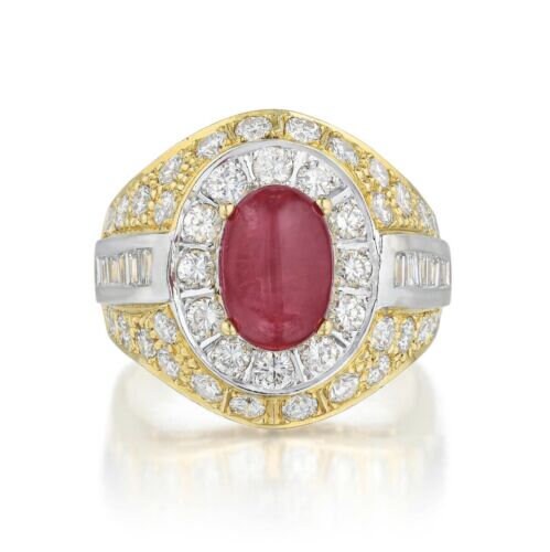 Fine Solid 18k Two Tone Gold 3.80 CT Natural Oval Cabochon Ruby And Diamond Ring