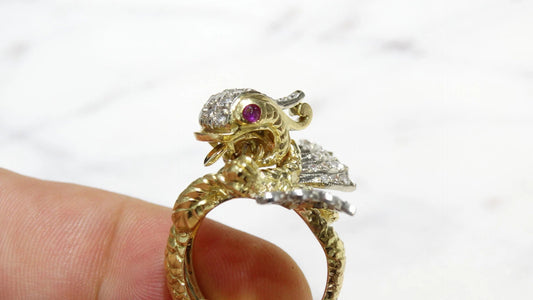 Estate rare Antique 18KT yellow GOLD 1.04CTW Old Mine Cut DIAMOND Ruby Eye Fish RING