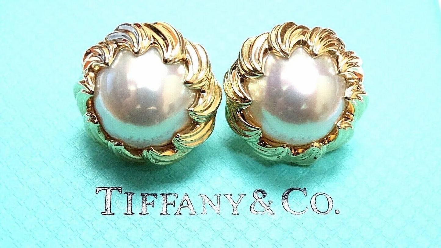 Authentic Vintage Tiffany and co 18k yellow gold mabe pearl earrings