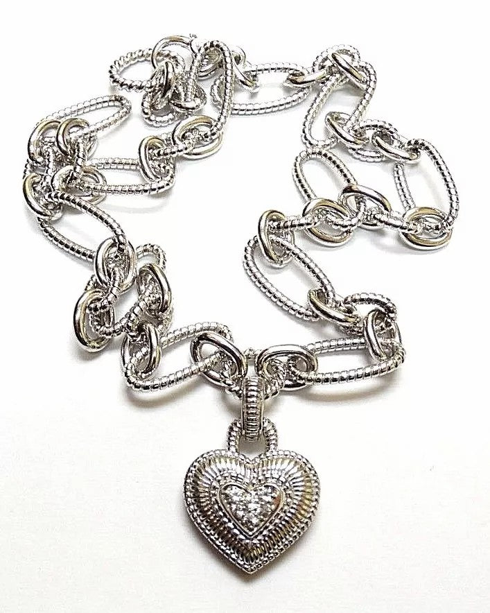 Judith Ripka Chain Sterling Silver link White Topaz necklace & heart Pendant