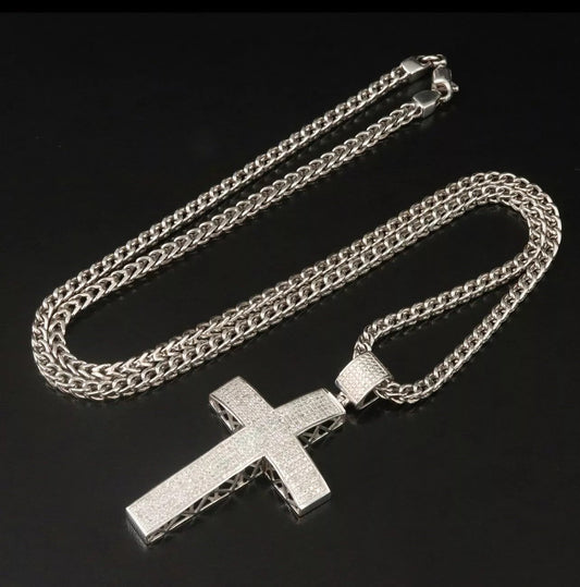 10k 2.10 CTs Diamond Cross Pendant With Franco Link Chain Necklace White Gold