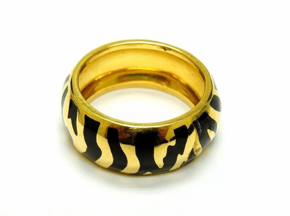 Fine Beautiful Carlos C 18K Yellow Gold & Black Enamel Ladies Band Tiger Ring